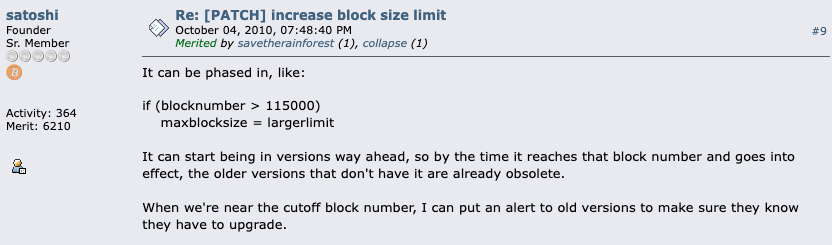 Satoshi discusses raising the block size limit